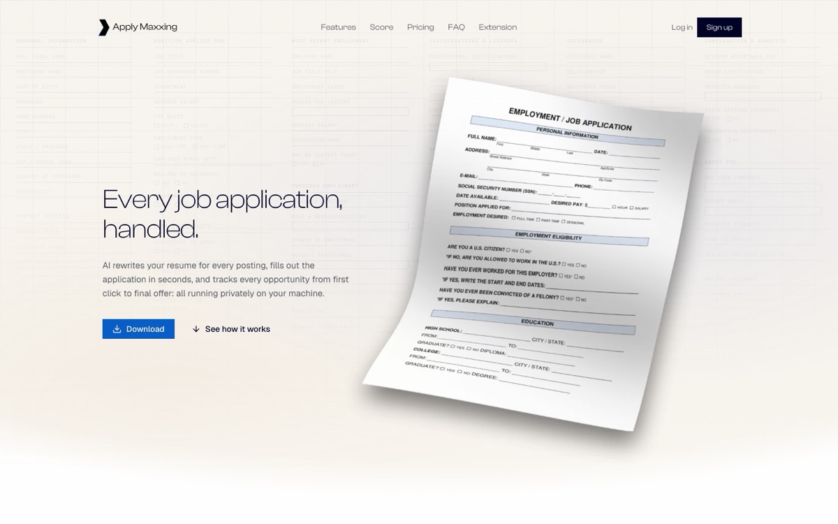 Applymaxxing homepage: Every job application, handled